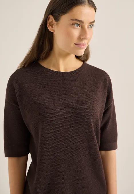 Sweter z krótkim rękawem i strukturą macchiato brown melange Sweter z krótkim rękawem i strukturą macchiato brown melange