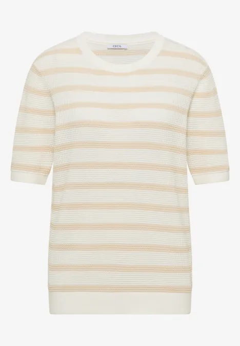 Pull à manches courtes avec structure et rayures pearl beige