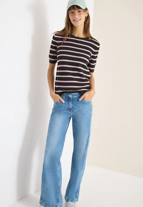 Trui met korte mouwen, textuur en strepen raw khaki