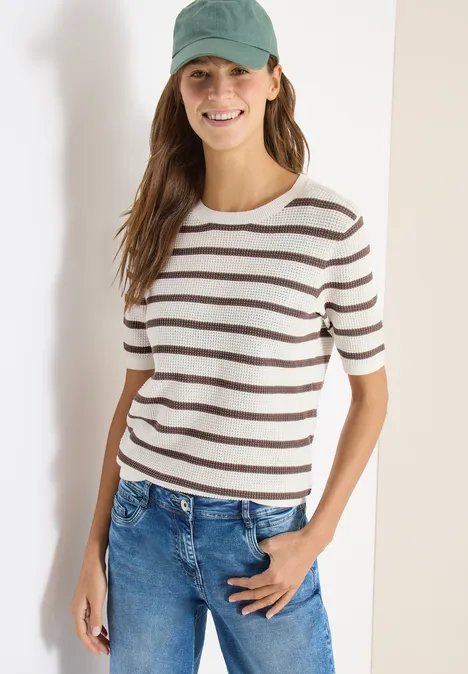Trui met korte mouwen, textuur en strepen urban taupe