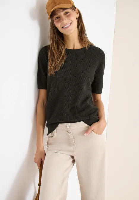 Sweter z krótkim rękawem i strukturą raw khaki