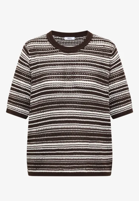 Kurzärmliges Strickshirt mit schwarzen und weißen Blockstreifen und Rundhalsausschnitt.