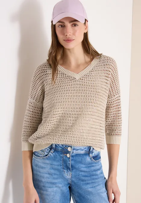 Pullover mit V-Neck und Garnmix pearl beige