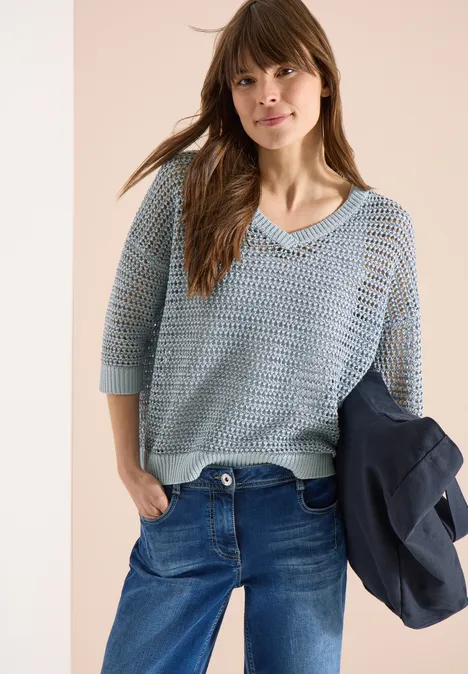 Pullover mit V-Neck und Garnmix diamond blue