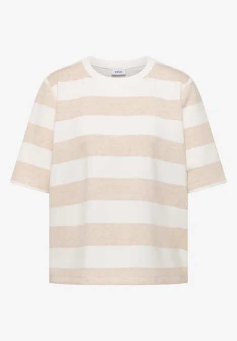 Sweat-shirt à manches courtes et à rayures grain beige