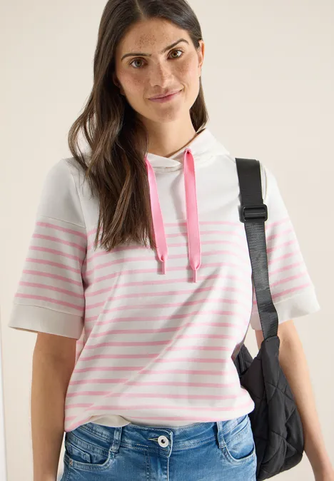 Sweat-shirt à manches courtes avec capuche et rayures light blush rose