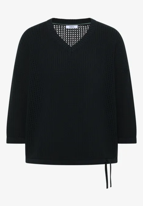 Schwarzer Strickpullover mit V-Ausschnitt und seitlicher Bandverzierung