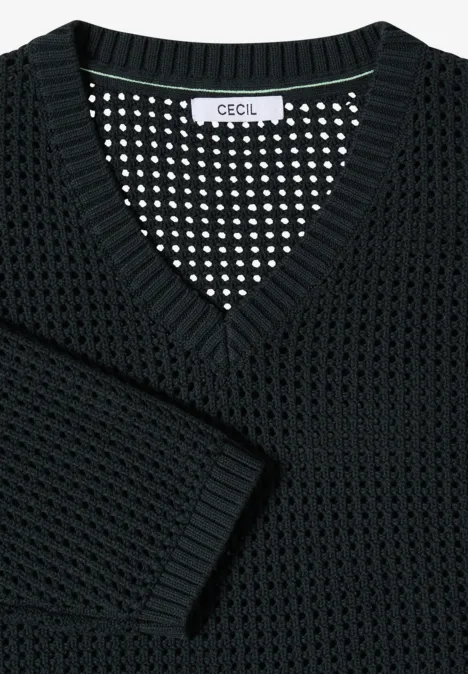 Schwarzer, grob gestrickter V-Ausschnitt-Pullover der Marke CECIL.
