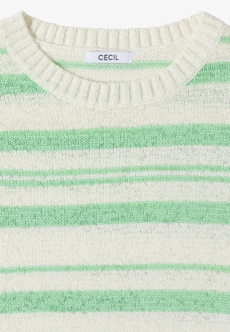 Beiger Strickpullover mit grünen Streifen, Rundhalsausschnitt und CECIL-Label.