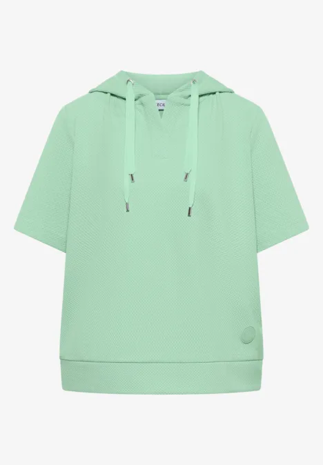 Mintgrünes, kurzärmliges Kapuzensweatshirt mit Kordelzug und lässigem Schnitt.
