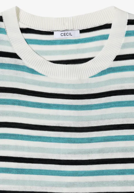 Pullunder mit Rundhals und Streifen crystal mint Weißer Pullover mit schwarzen, grauen und türkisfarbenen Streifen und Rundhals.