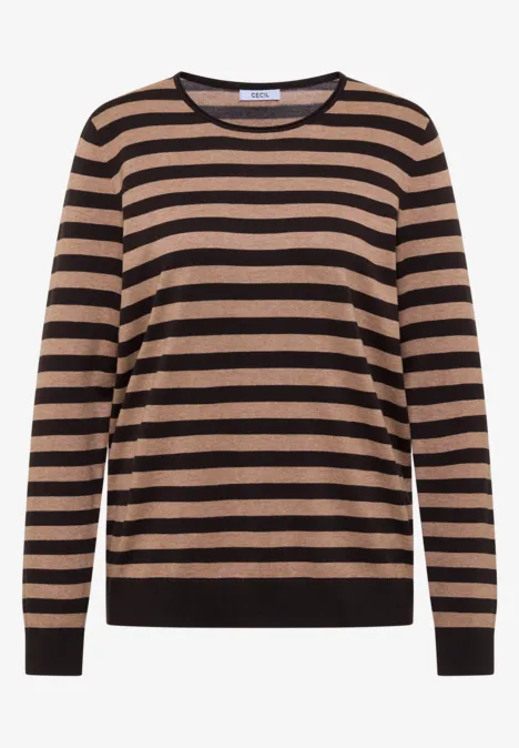 Pull à col rond et rayé truffle brown Ein Pullover mit braunen und schwarzen Querstreifen, Rundhalsausschnitt und langen Ärmeln.