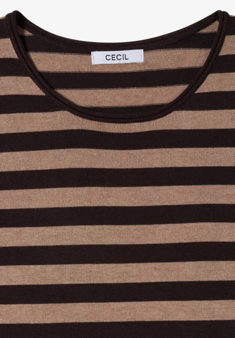 Pull à col rond et rayé truffle brown Braunes und schwarzes gestreiftes Damen-T-Shirt mit Rundhalsausschnitt von CECIL.