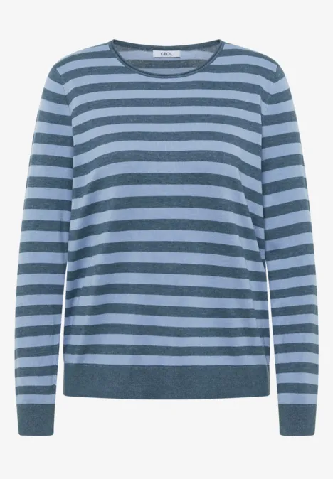 Pull à rayures bleu-gris à col rond et manches longues.