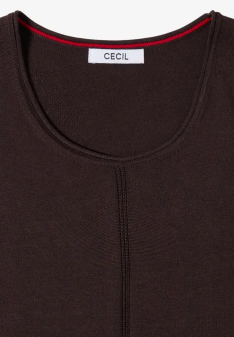 Dunkelbraunes Damen-Shirt mit Rundhalsausschnitt und sichtbarer Naht, Marke CECIL