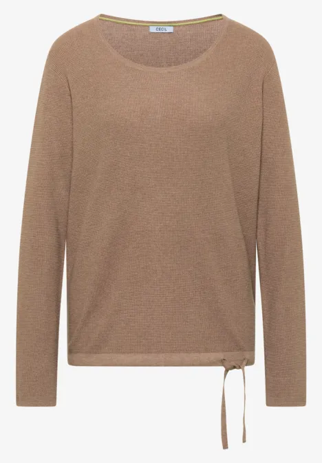 Beiger Pullover mit Rundhalsausschnitt und Bindeband am Saum.