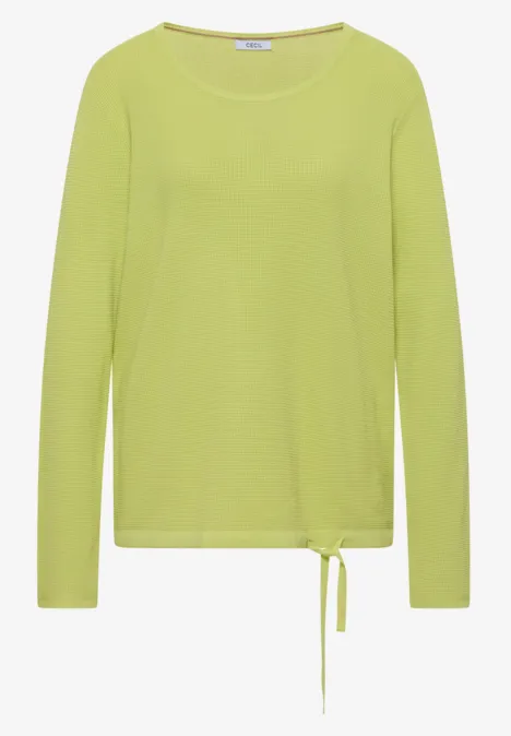 Hellgrünes Langarmshirt mit rundem Halsausschnitt und seitlicher Kordelbindung am Saum