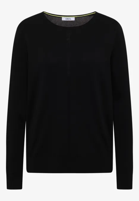 Schlichter schwarzer Rundhalsausschnitt-Pullover mit langen Ärmeln.