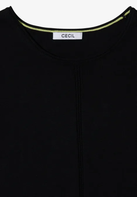 Schwarzes Shirt mit Rundhalsausschnitt, gelbem Innenbesatz und 'Cecil'-Label am Kragen.