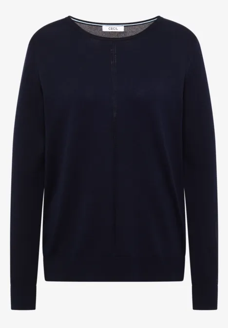 Dunkelblauer, schlichter Pullover mit Rundhalsausschnitt und langen Ärmeln.