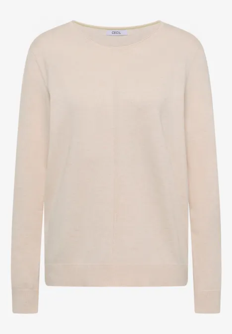 Beiger Pullover mit Rundhalsausschnitt und langen Ärmeln.