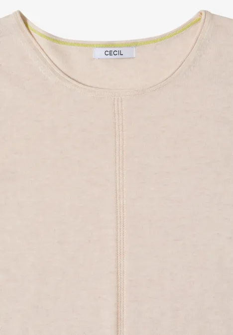 Hellbeiges Damen-Shirt mit Rundhalsausschnitt und mittiger Ziernaht, schlicht und elegant.