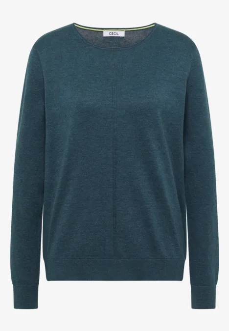 Schlichter petrolfarbener Pullover mit Rundhalsausschnitt und langen Ärmeln.