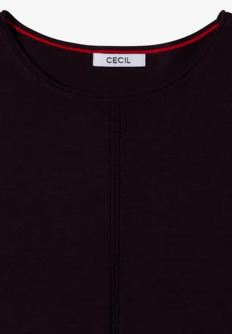 T-shirt noir de la marque CECIL, lisse, col rond, fin liseré rouge à l’intérieur de l’encolure.