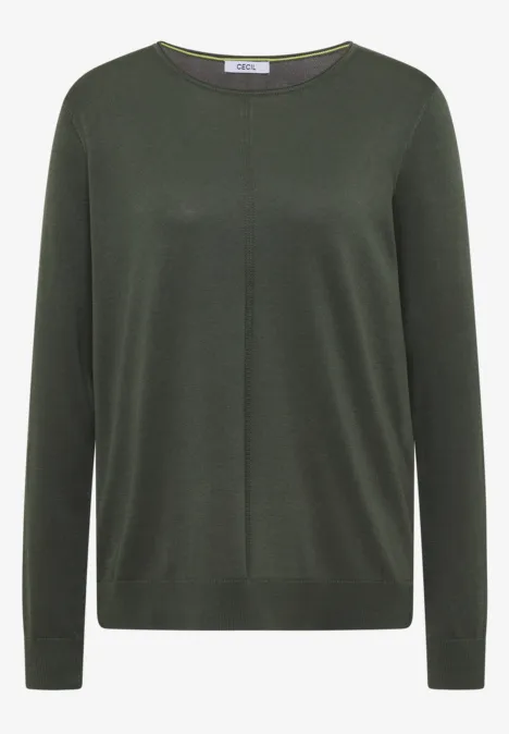 Dunkelgrüner, schlichter Pullover mit Rundhalsausschnitt und langen Ärmeln.