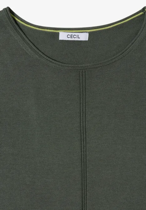 Dunkelgrünes, schlichtes T-Shirt mit Rundhalsausschnitt und dezentem Markenlabel im Nacken.