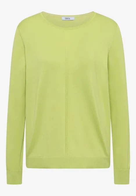 Ein hellgrüner, langärmeliger Rundhals-Pullover aus feinem Strick.