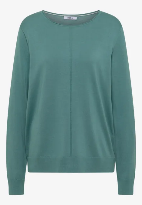 Schlichter grüner Pullover mit Rundhalsausschnitt und langen Ärmeln.