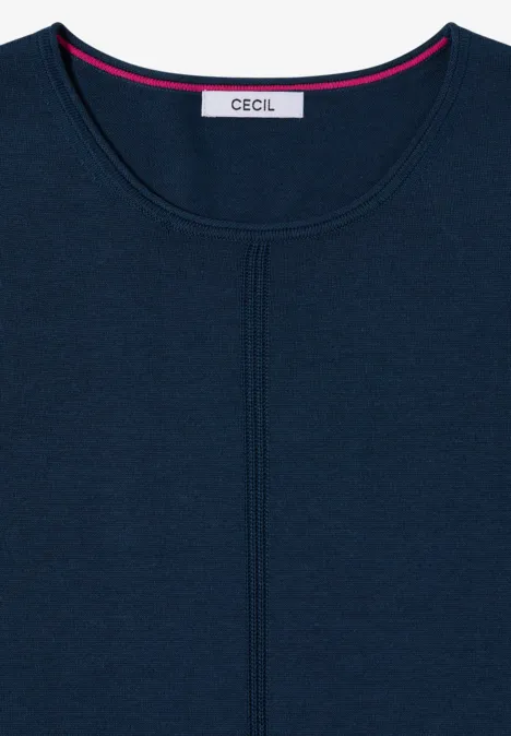 Basic Pullover mit Rundhals in Unifarbe moonlight blue Dunkelblauer Pullover mit Rundhalsausschnitt, Nahtdetail vorne und Markenlabel CECIL