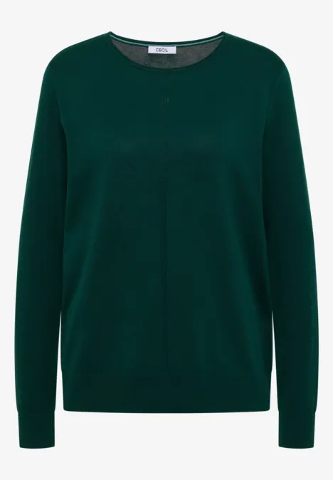 Pull uni vert foncé à col rond et manches longues.