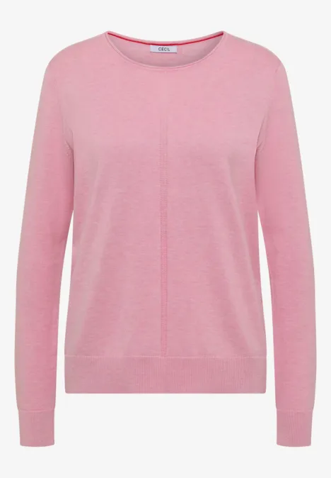 Pull rose à manches longues pour femmes, maille fine et couture centrale.