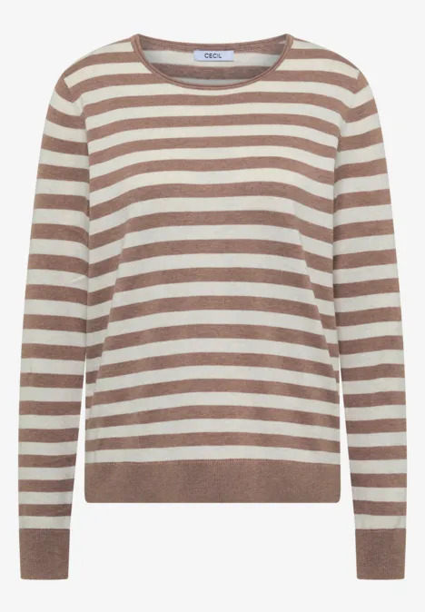 Ein beige-braun gestreifter Pullover mit langen Ärmeln.