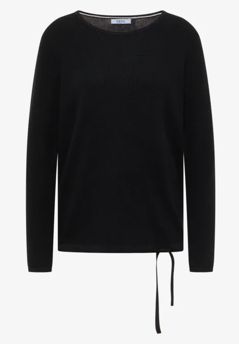Schwarzer Langarm-Pullover mit Rundhals und seitlicher Kordel zum Binden