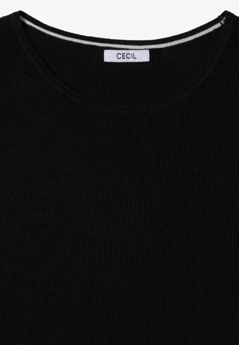 Schwarzes T-Shirt im Waffelstrick-Look mit Rundhalsausschnitt und innenliegendem CECIL-Label.