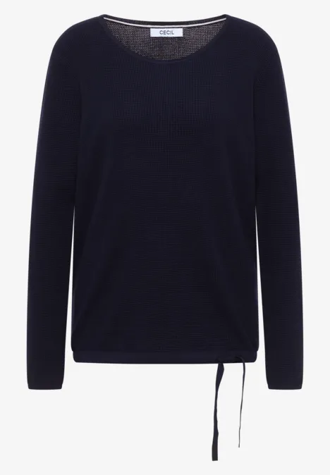 Dunkelblauer Pullover mit Rundhalsausschnitt, langen Ärmeln und verstellbarem Tunnelzug am Saum.