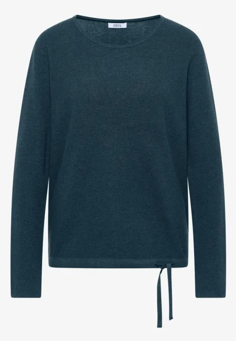 Pull à col rond et texturé dull teal blue melange Dunkelgrüner Langarm-Pullover mit Rundhalsausschnitt und seitlicher Kordel am Saum.
