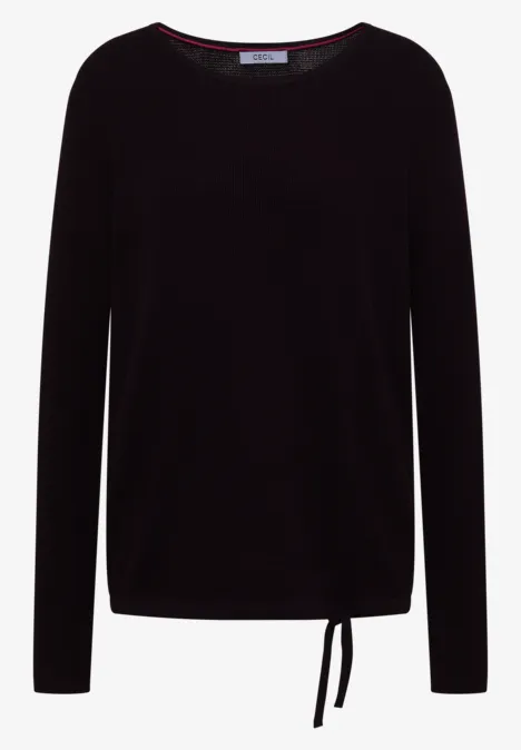 Schwarzes Langarmshirt mit Rundhalsausschnitt und seitlicher Kordel am Saum.
