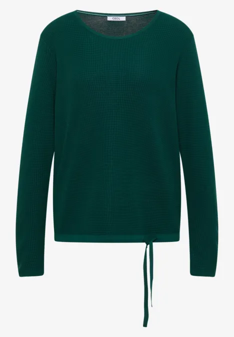 Dunkelgrüner, langärmliger Pullover mit Rundhals und lockerer Passform, Kordelzug am Saum.