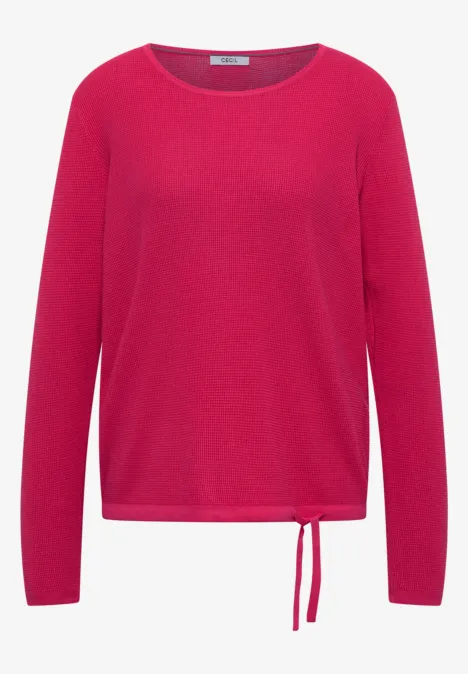 Rotes, langärmeliges Shirt mit Rundhalsausschnitt und seitlicher Kordel am Saum.