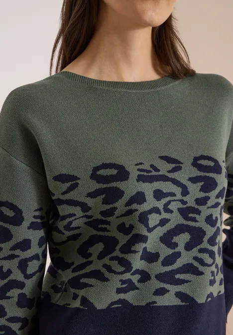 Damenpullover aus Strick in Olivgrün und Dunkelblau mit Leopardenmuster
