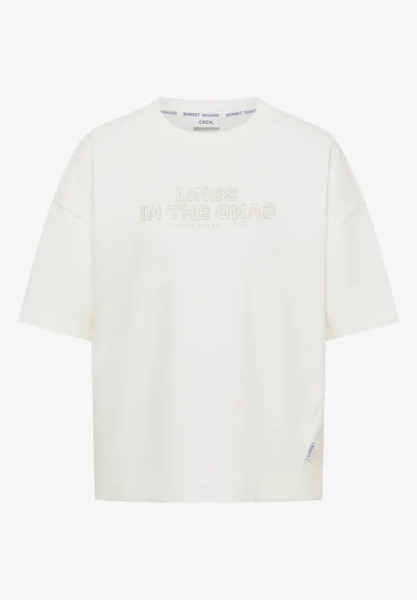 Bluza z krótkim rękawem z haftem vanilla white Biała koszulka o luźnym kroju z tonowanym napisem na przodzie.
