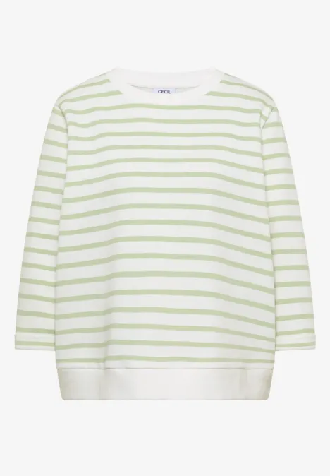 3/4-Arm Sweatshirt mit Rundhals und Streifen raw matcha lime Weißes T-Shirt mit hellgrünen, horizontalen Streifen und 3/4-Ärmeln.