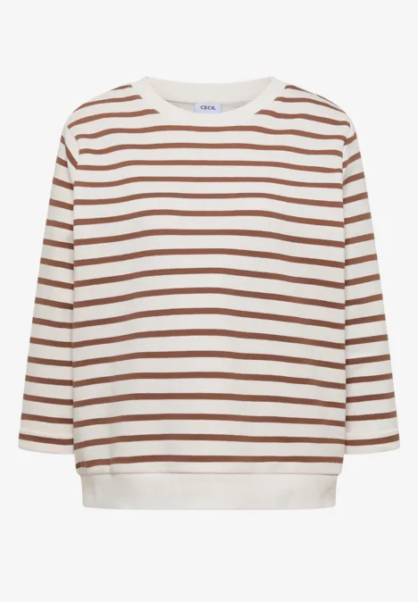 3/4-Arm Sweatshirt mit Rundhals und Streifen creamy mocha Ein lässiges Langarmshirt in Weiß mit braunen Querstreifen und Rundhalsausschnitt.