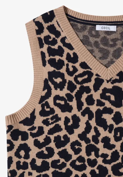 Ärmelloser Strick-Pullover mit V-Ausschnitt und braun-schwarzem Leopardenmuster.