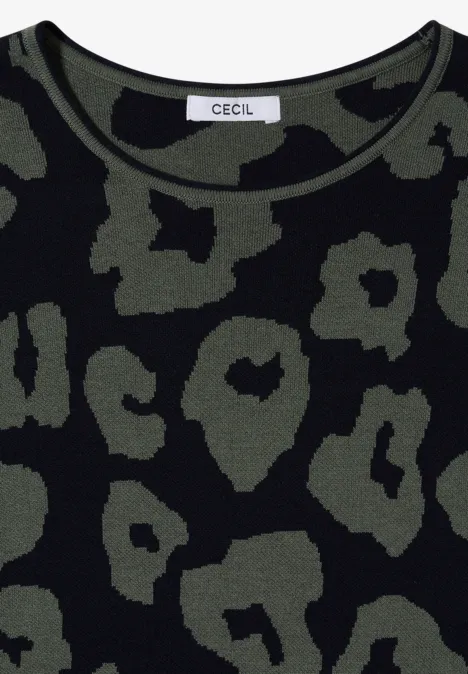 Zwart shirt met abstract groen luipaardprint en ronde hals.