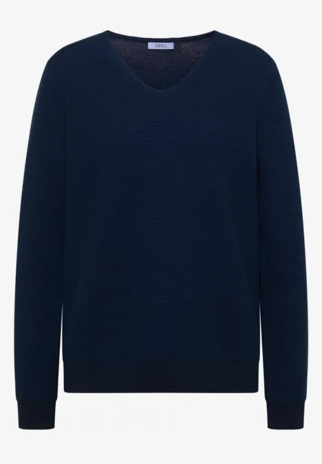 Ein dunkelblauer Pullover mit V-Ausschnitt, langärmlig und schlichter Schnitt.